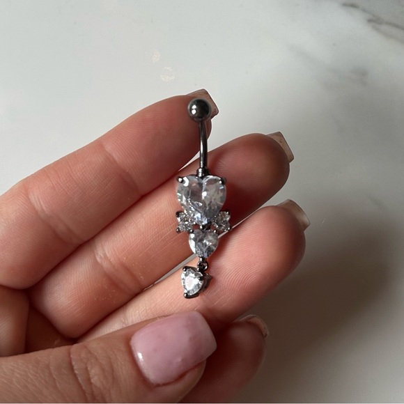 CZ stainless steel multi-heart dangle gunmetal belly ring - Picture 3 of 6